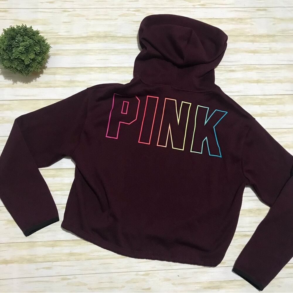 Pink Victorias Secret Rainbow Colorful Logo Cropped Hoodie Sweatshirt Medium